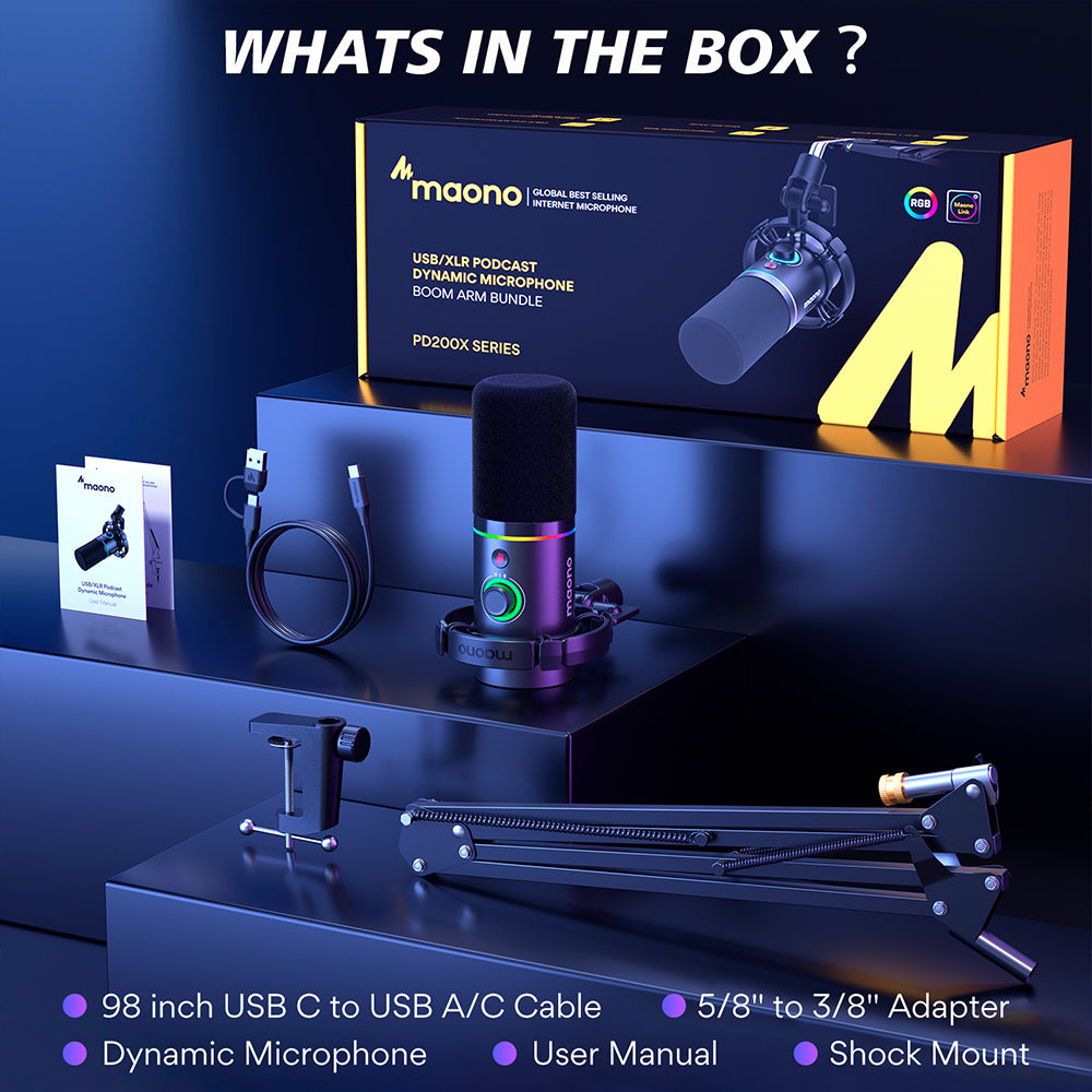 MAONO PD200XS Dynamic RGB USB/XLR Microphone with Arm Stand — For Creators, Streamers & Podcasters