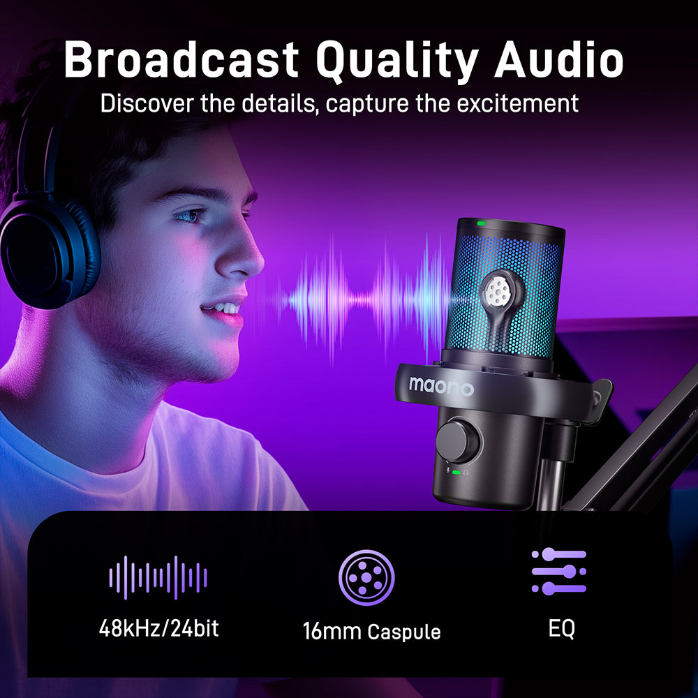 MAONO DM40 Pro S Condenser RGB USB/Wireless AI Gaming Microphone with Arm Stand, black