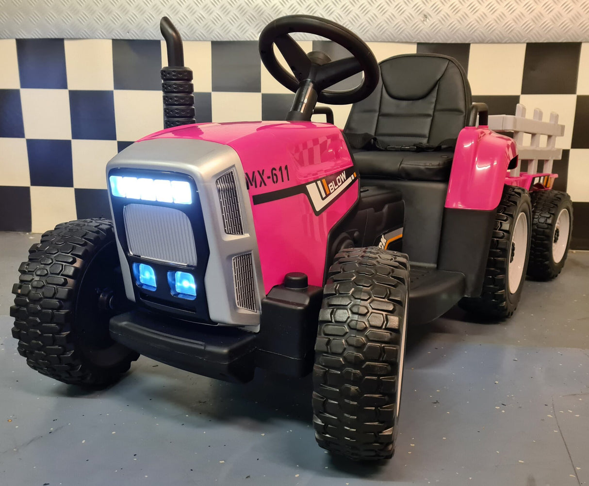 Barntraktor 12V med släp – 1 person, rosa