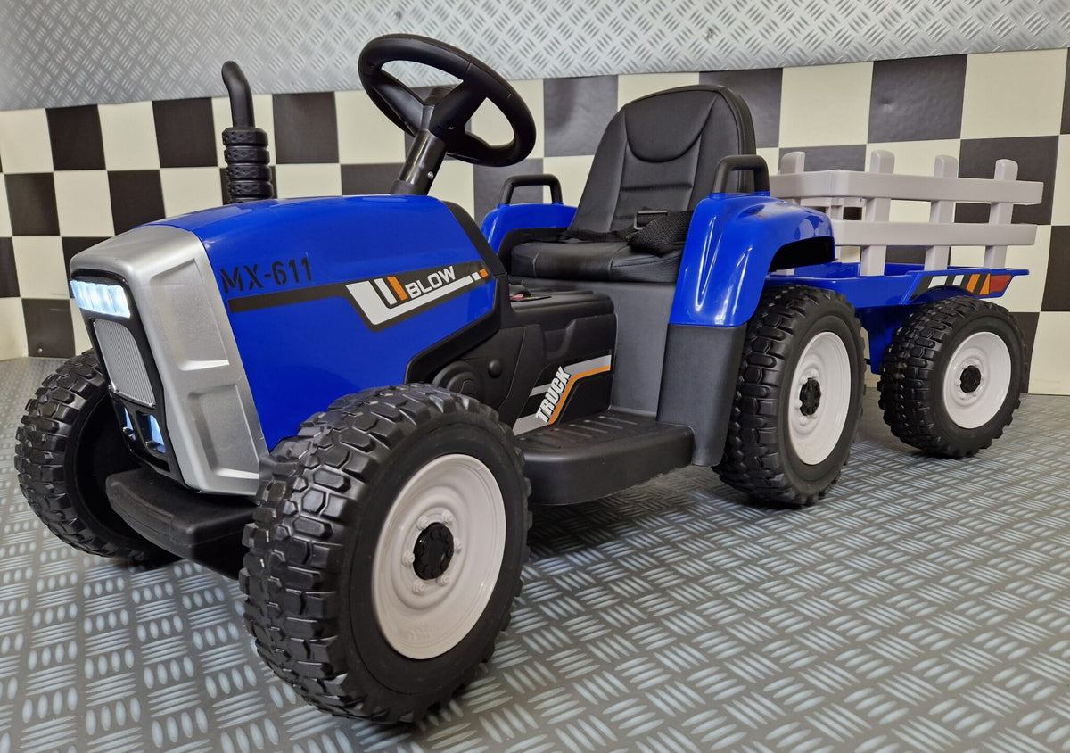 Barntraktor 12V med släp och fjärrkontroll – blå