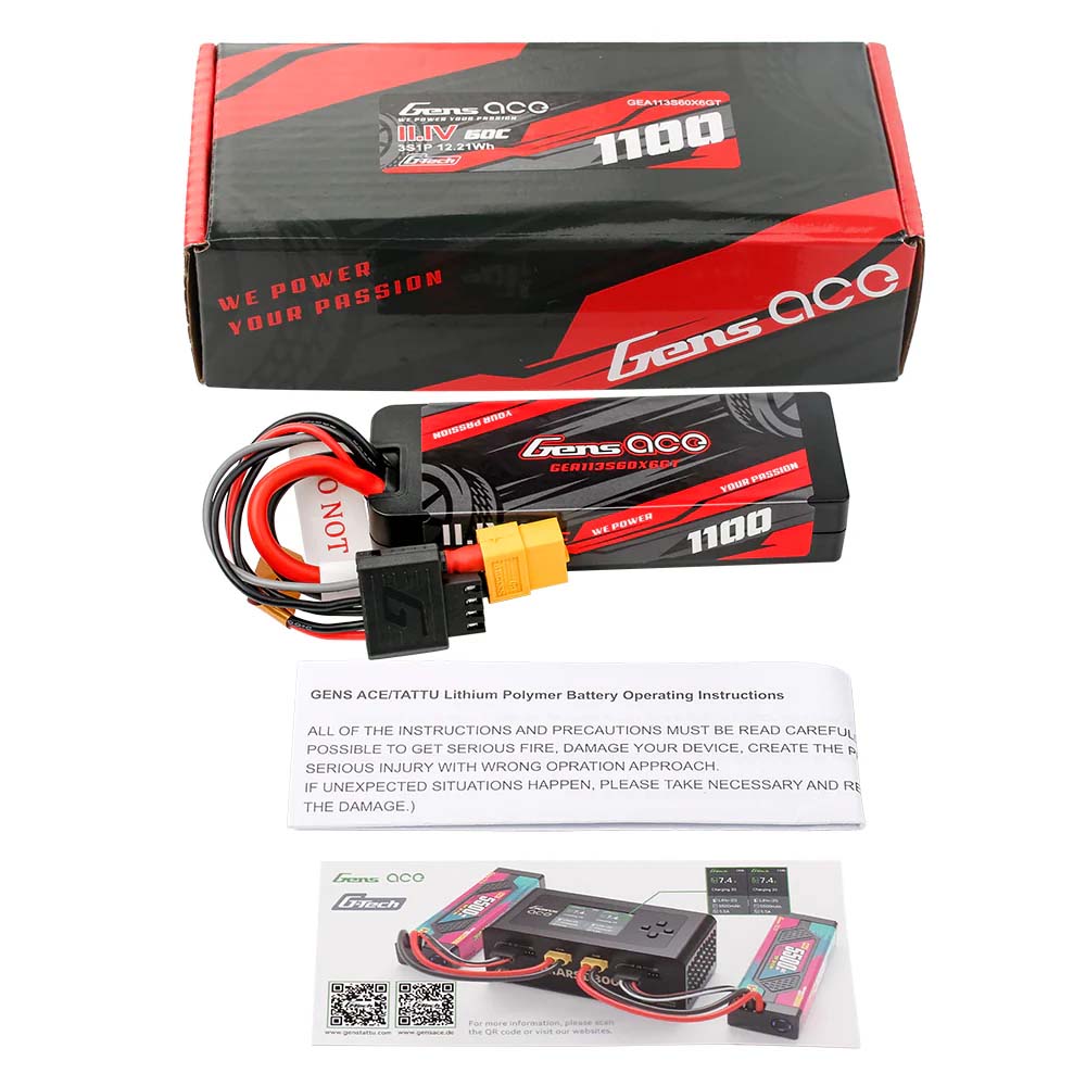 GENS ACE GEA113S60X6GT - GensAce G-Tech Hard 3S 11.1V-1100-60C 92.8x31.8x17.6mm 104g XT60