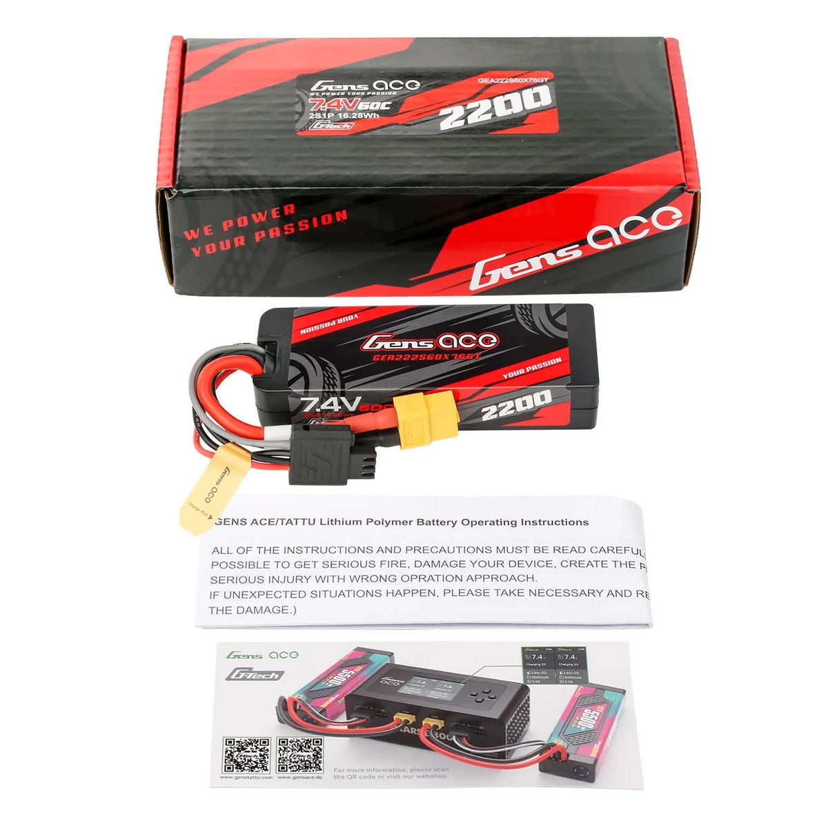 GENS ACE GEA222S60X76GT - GensAce G-Tech Hard 2S 7.4V-2200-60C 92.8x31.8x17.6mm 109g XT60