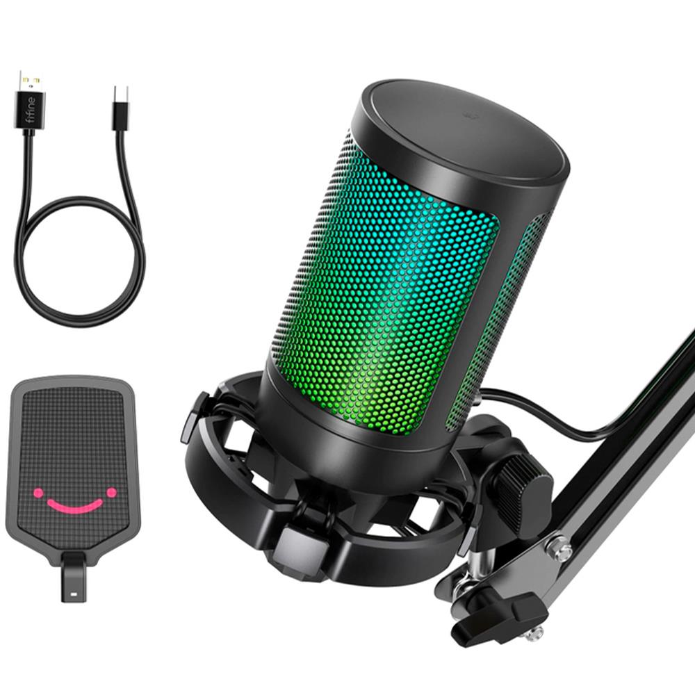 FIFINE A6T Condenser RGB USB Microphone with Boom Arm, Black