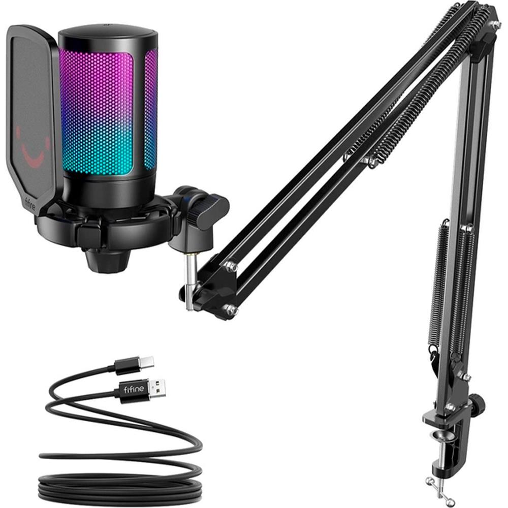 FIFINE A6T Condenser RGB USB Microphone with Boom Arm, Black