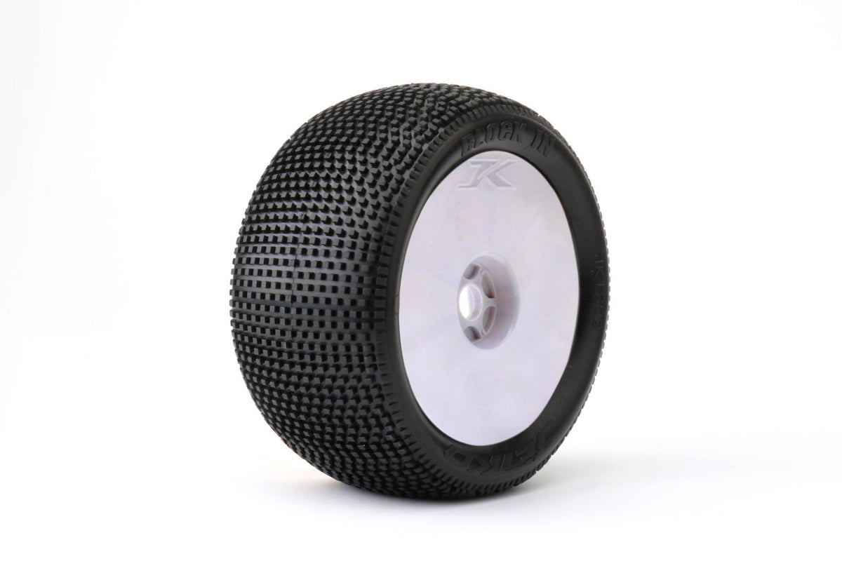 JETKO JK1202SG - Jetko Block In Soft 1:8 Truggy Pre-glued on White Rims 2 pcs