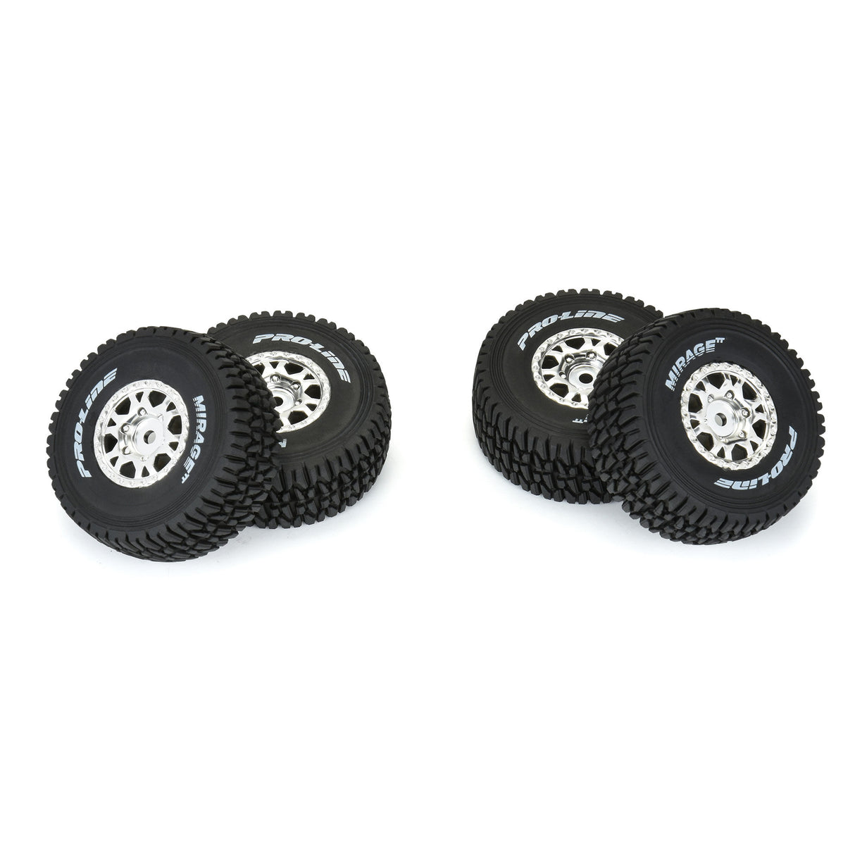Mirage TT F/R Tires Mounted 12mm Hex Satin Silver Impulse (4) for Arrma Mojave Grom