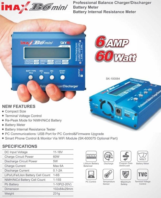 SkyRC B6 Mini Charger 60W 6A 1-6S 12VDC
