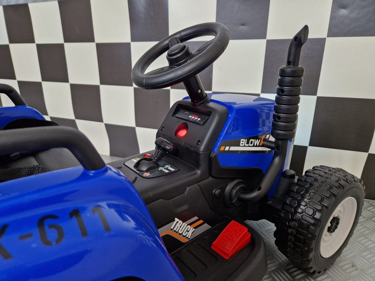 Barntraktor 12V med släp och fjärrkontroll – blå