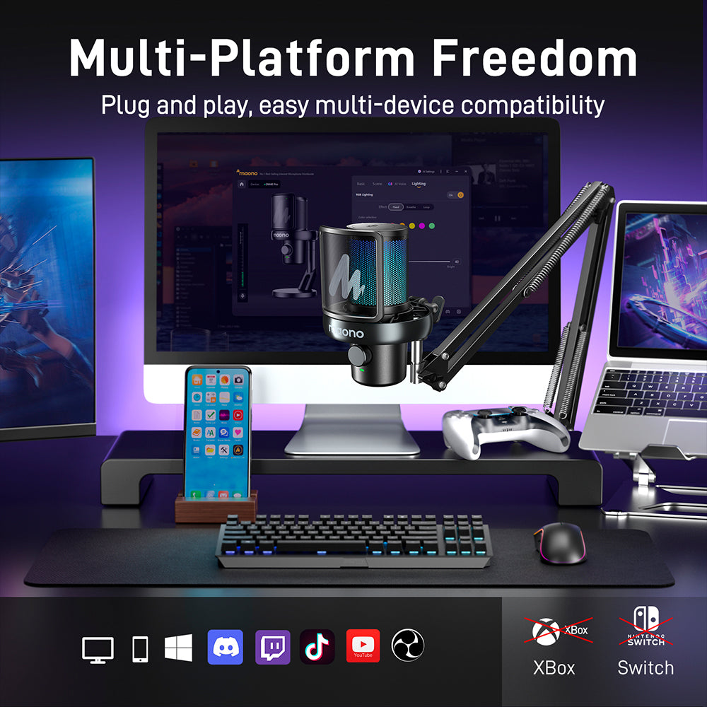 MAONO DM40 Pro S Condenser RGB USB/Wireless AI Gaming Microphone with Arm Stand, black