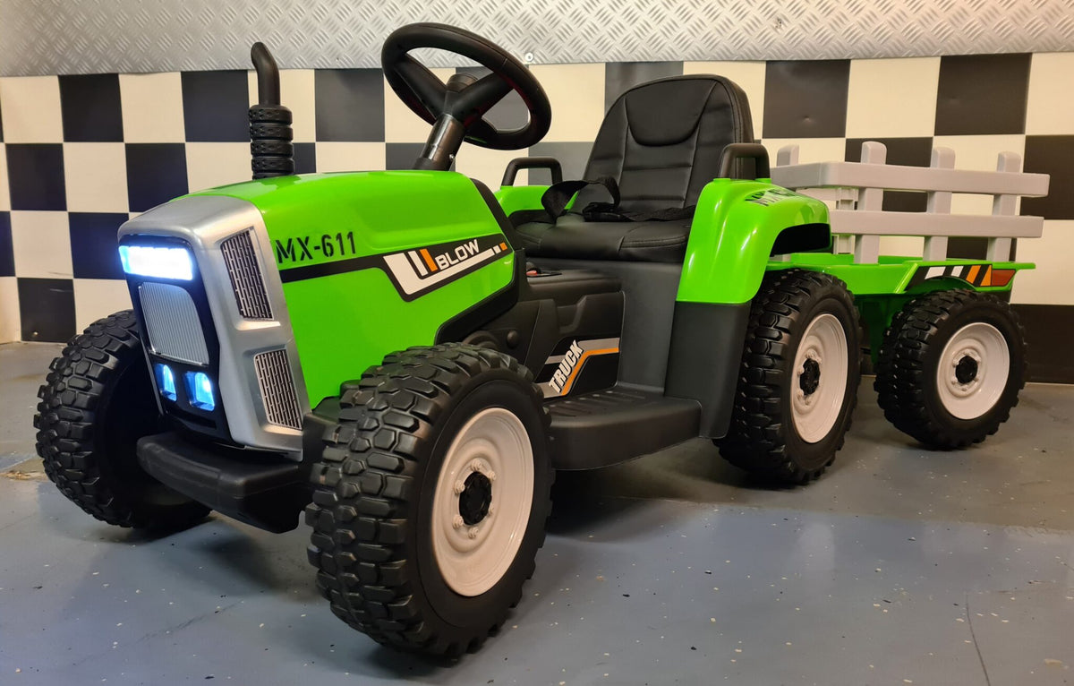 Børnetraktor 12V med anhænger og fjernbetjening – grøn