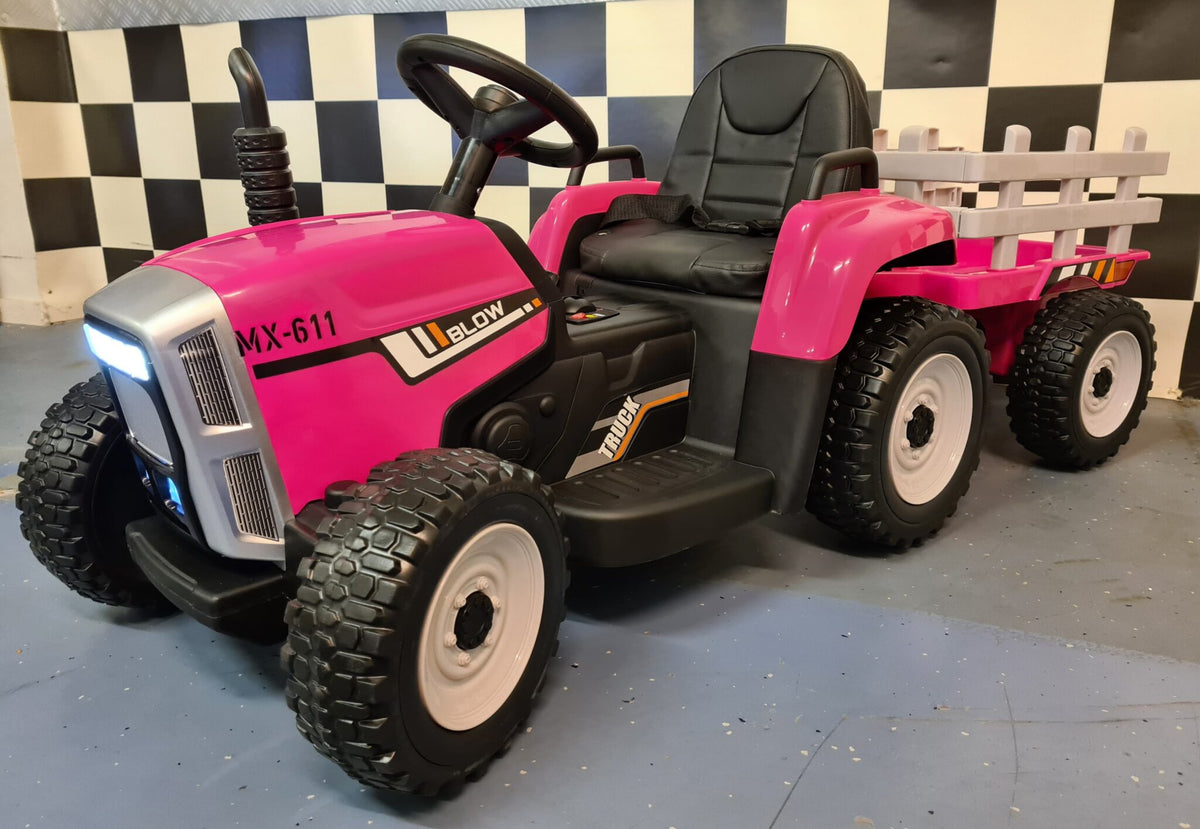 Barntraktor 12V med släp – 1 person, rosa
