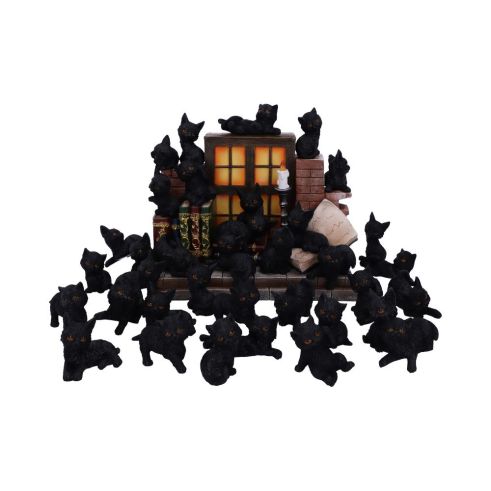 The Witches Litter Display of 36 Black Cat Familiars with a Decorated Stand