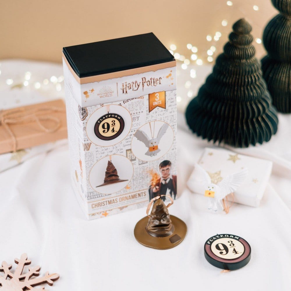 Harry Potter Set of 3 Christmas Ornaments Sorting Hat, Platform 9 3/4 and Hedwig 7 cm