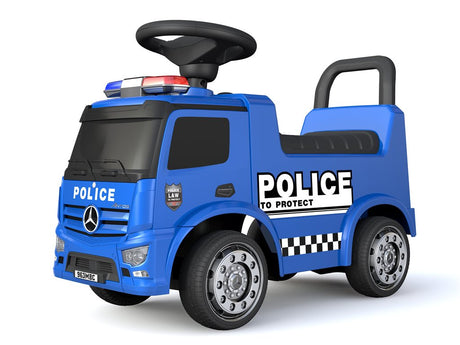 Mercedes Antos police truck with sirens and emergency lights.