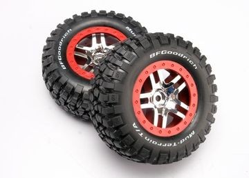Traxxas 6873A Tires &amp; Wheels Goodrich/S-Spoke Chrome-Red 4WD/2WD Rear
