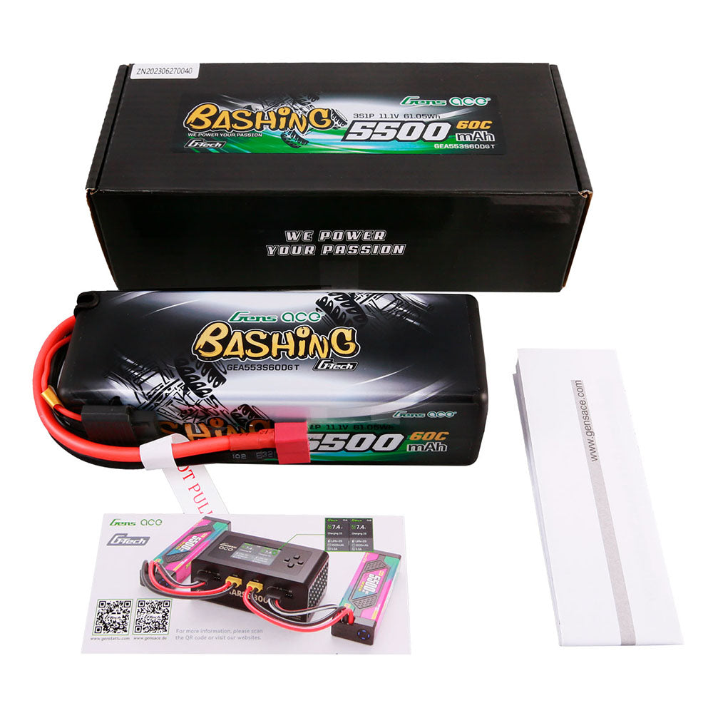 GENS ACE GE3-5500-3SDGT - Gensace Bashing LiPo 3S 11.1V-5500-60C Deans 138x47x37mm 380g Bullet