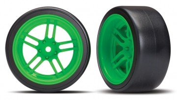 Traxxas 8377G Tires &amp; Wheels Drift 1.9" on Green Split-spoke Rear (2)
