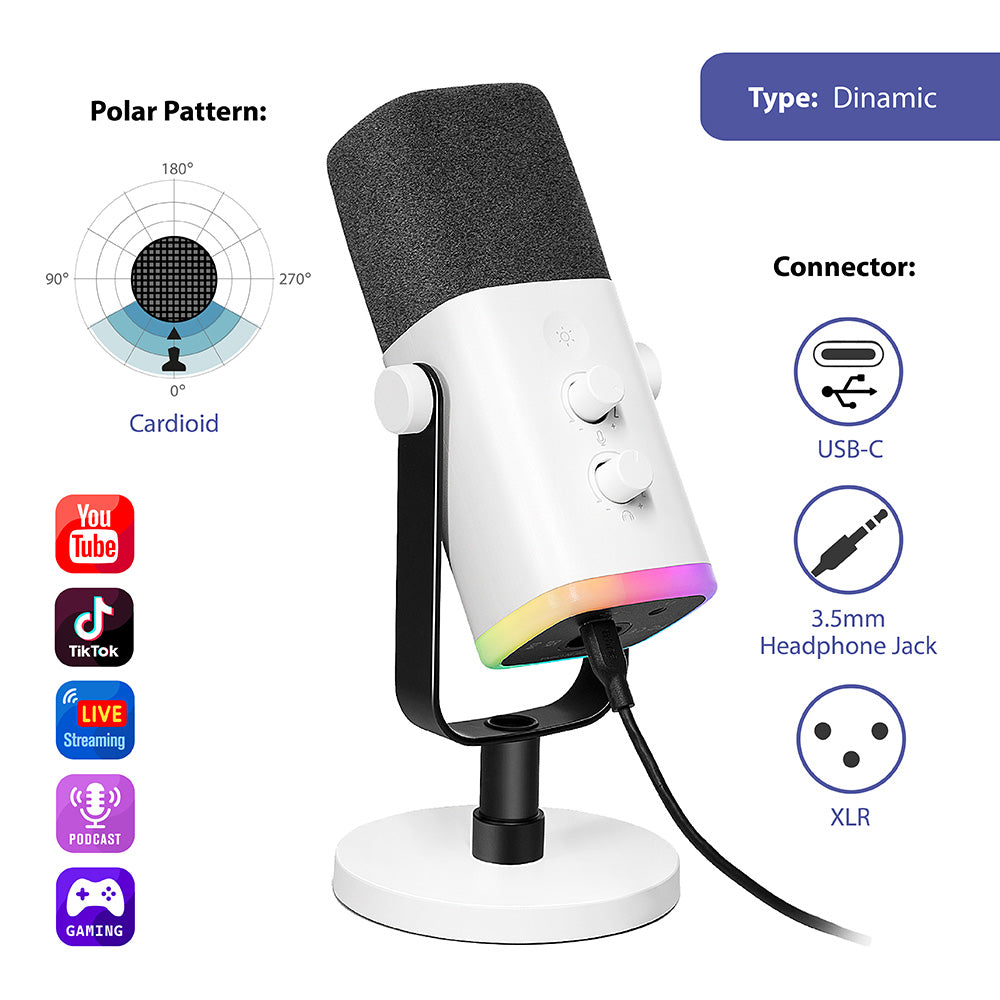 FIFINE AM8 Dynamic RGB XLR/USB Microphone, White