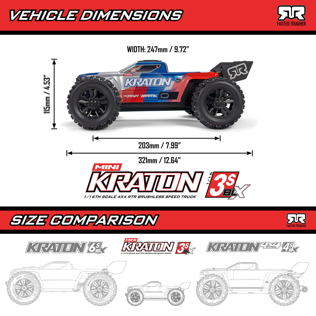 1/16 MINI KRATON 3S DSC 4X4 RTR Brushless Speed Truck (3S Battery & Charger Included) , Red/Blue