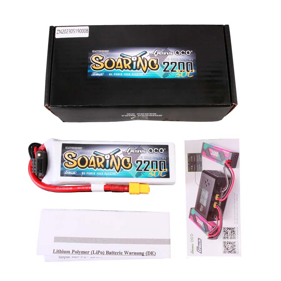 GENS ACE GE1-2200-3X6GT - GensAce Soaring LiPo 3S 11.1V-2200-30CXT60 107x34x21mm 175g G-Tech