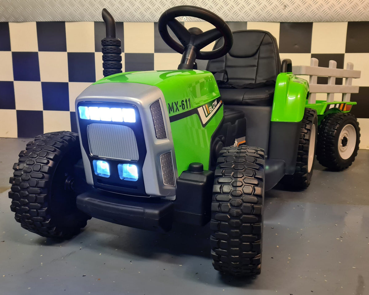 Børnetraktor 12V med anhænger og fjernbetjening – grøn