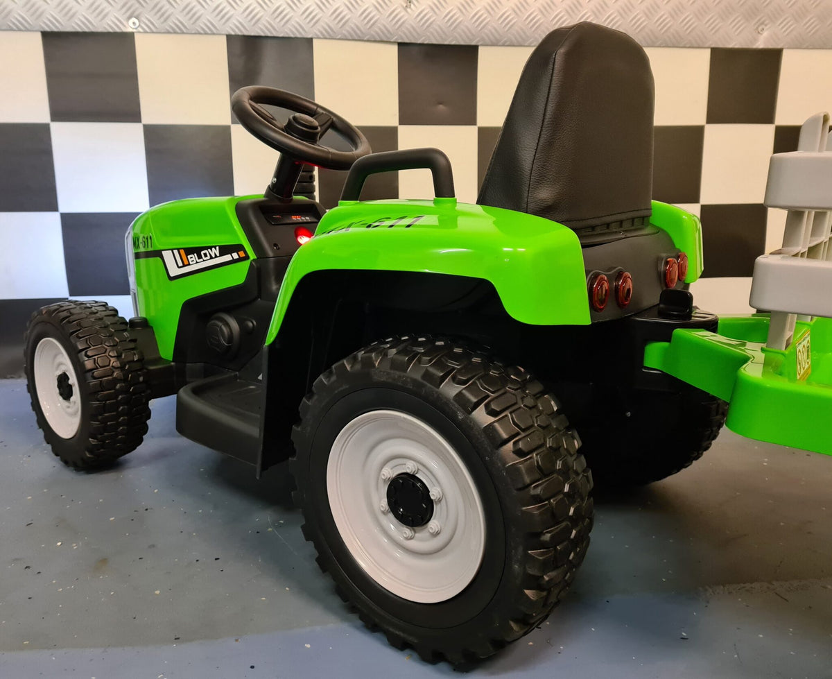Børnetraktor 12V med anhænger og fjernbetjening – grøn