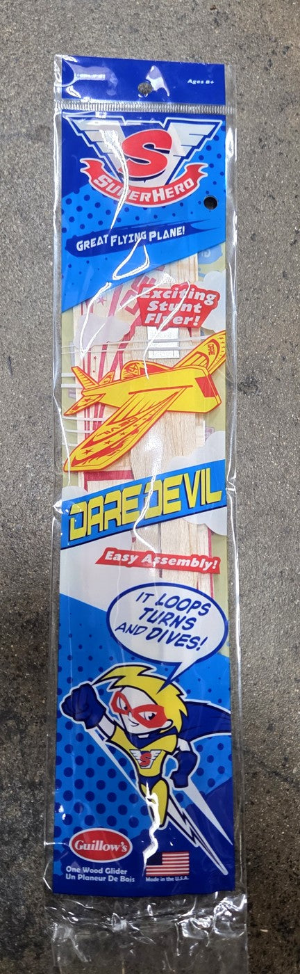 Guillow's Daredevil balsa kasteflyver i emballage
