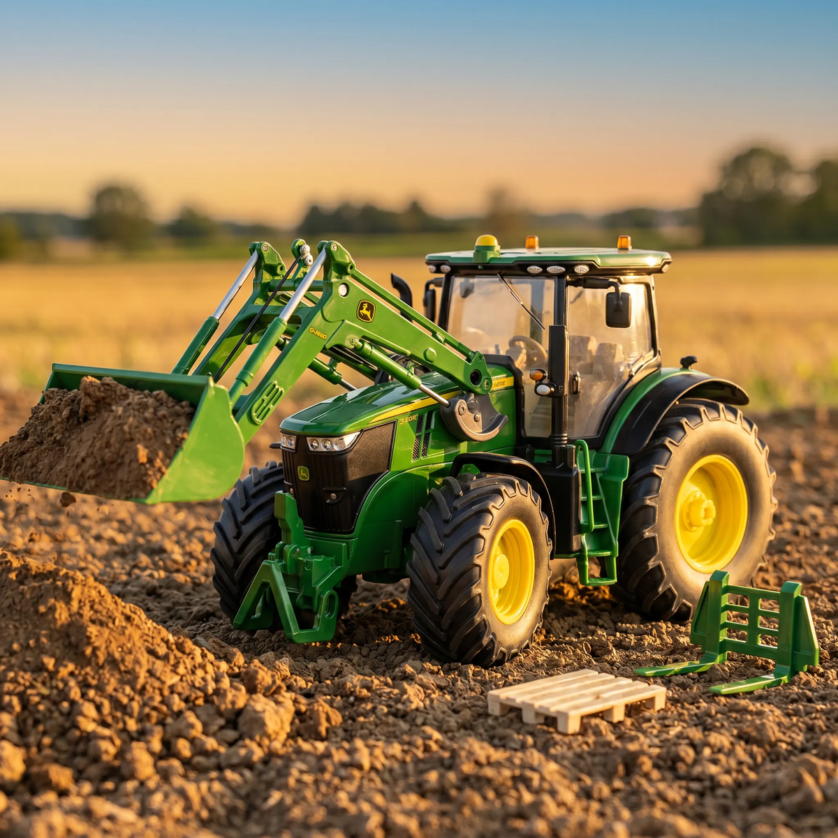 Siku John Deere 7310R med frontlæsser i marken