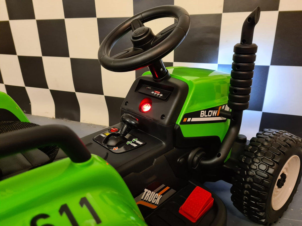 Børnetraktor 12V med anhænger og fjernbetjening – grøn