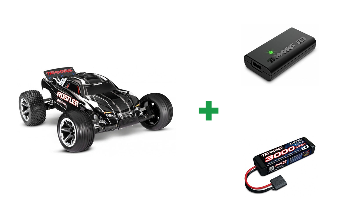 Kombopakke: TILBUD - Traxxas Rustler Stadium Truck m. batteri og lader + USB-C lader og 2S batteri