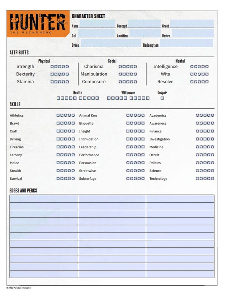 Hunter: The Reckoning 5th Edition RPG Journal Expanded Character Sheet Journal *Englische Version*
